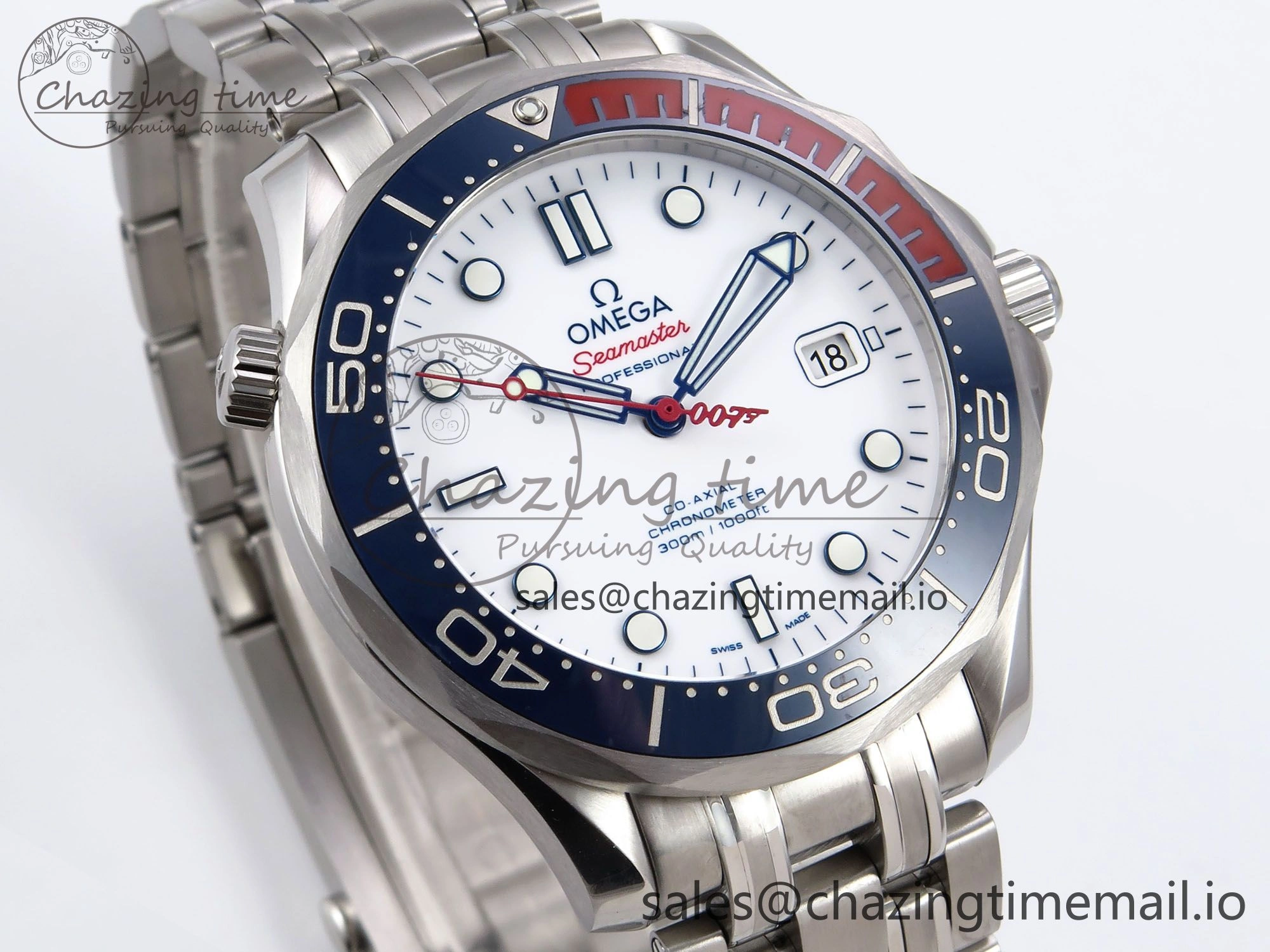 Seamaster Diver 300M OMF 1:1 Best Edition Blue Red Ceramic White Dial on SS Bracelet A2507