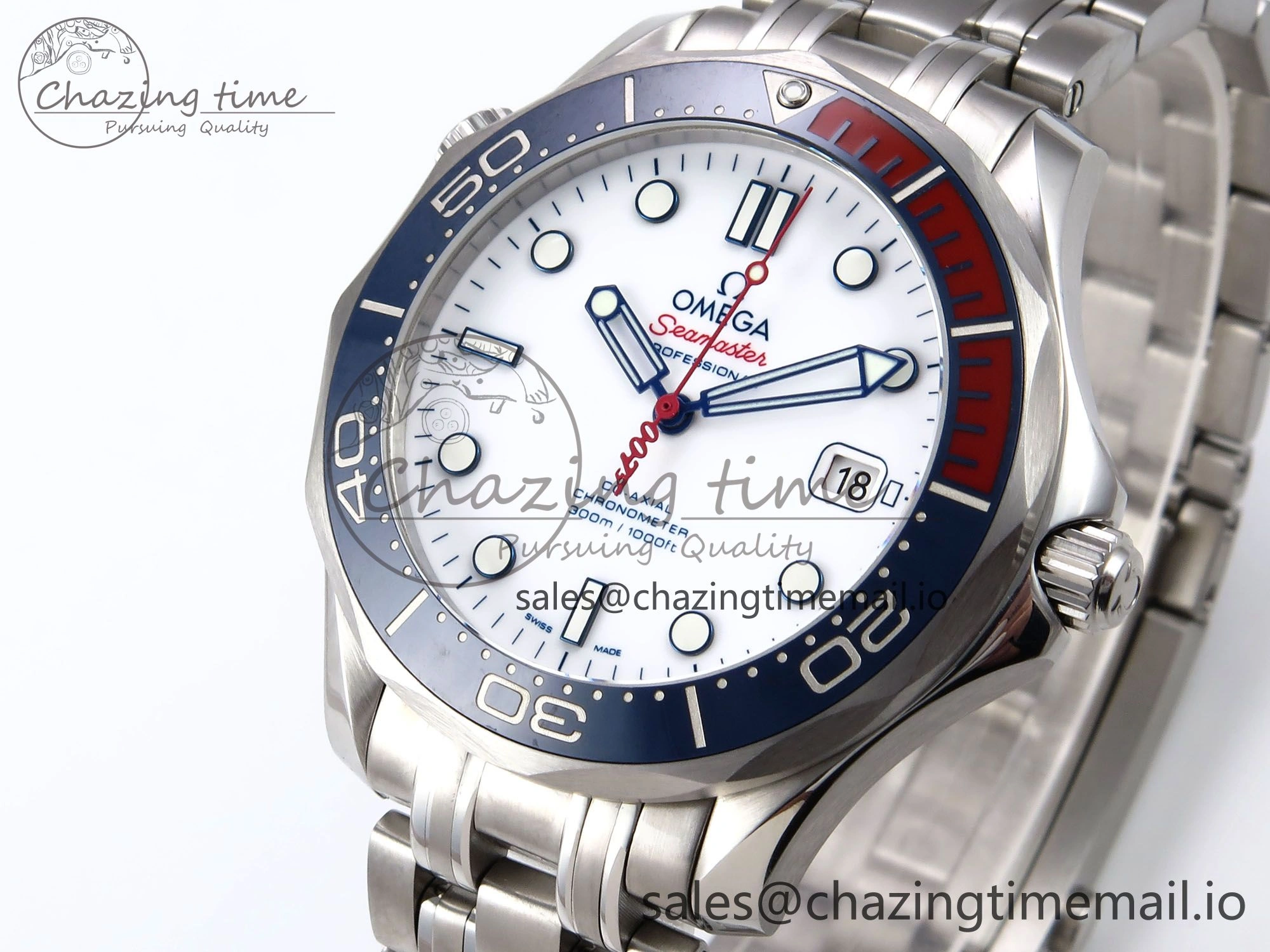 Seamaster Diver 300M OMF 1:1 Best Edition Blue Red Ceramic White Dial on SS Bracelet A2507