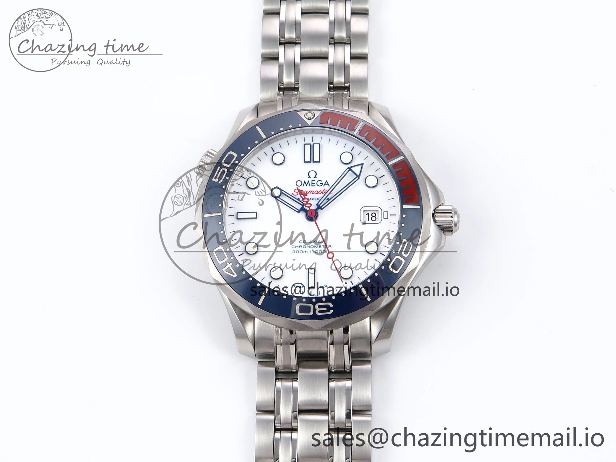 Seamaster Diver 300M OMF 1:1 Best Edition Blue Red Ceramic White Dial on SS Bracelet A2507