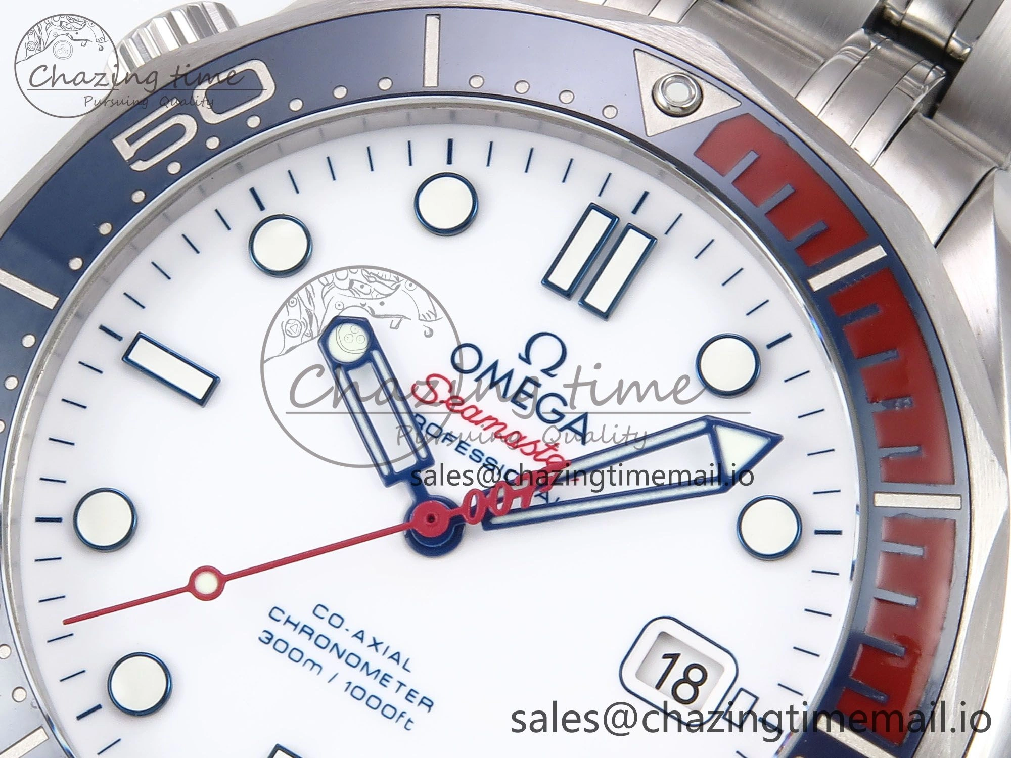 Seamaster Diver 300M OMF 1:1 Best Edition Blue Red Ceramic White Dial on SS Bracelet A2507
