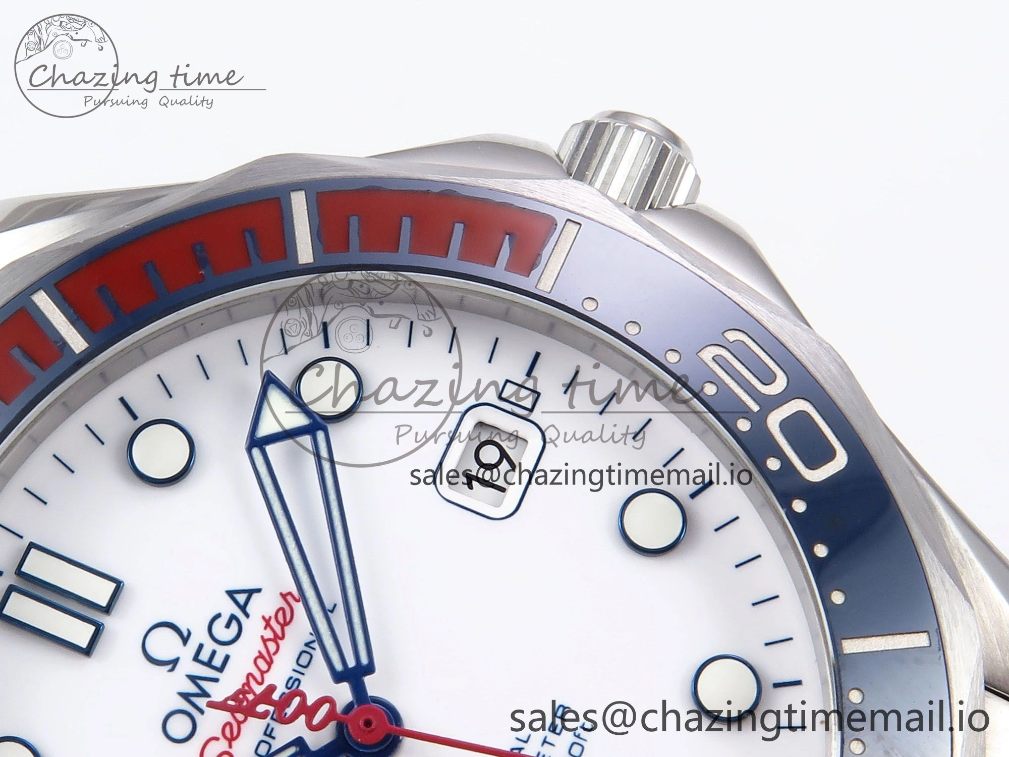Seamaster Diver 300M OMF 1:1 Best Edition Blue Red Ceramic White Dial on SS Bracelet A2507