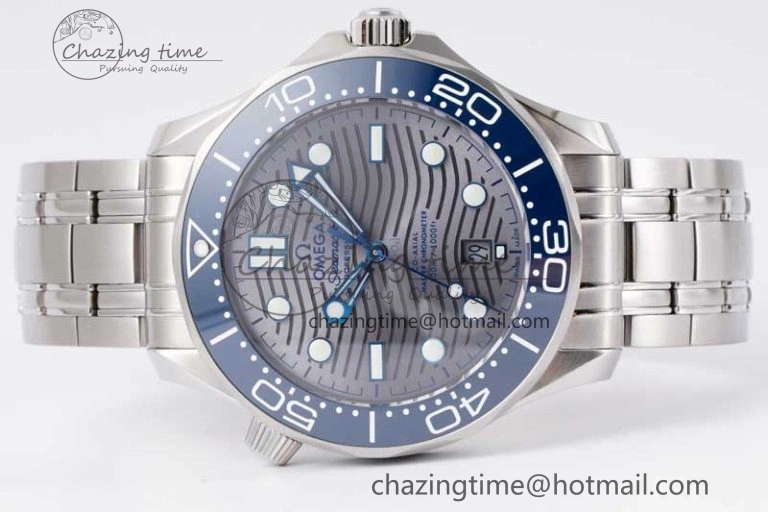 Seamaster Diver 300M SS Blue Ceramic Bezel JVSF 1:1 Best Edition Gray Dial on SS Bracelet A2824