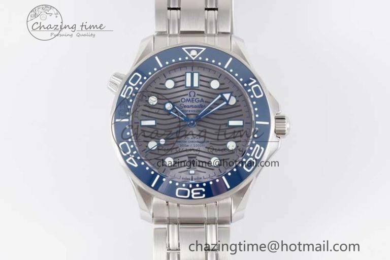 Seamaster Diver 300M SS Blue Ceramic Bezel JVSF 1:1 Best Edition Gray Dial on SS Bracelet A2824