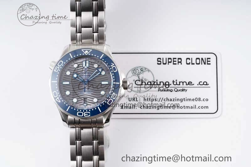 Seamaster Diver 300M SS Blue Ceramic Bezel JVSF 1:1 Best Edition Gray Dial on SS Bracelet A2824
