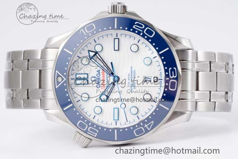 Seamaster Diver 300M SS Blue Ceramic Bezel JVSF 1:1 Best Edition White Dial on SS Bracelet A2824