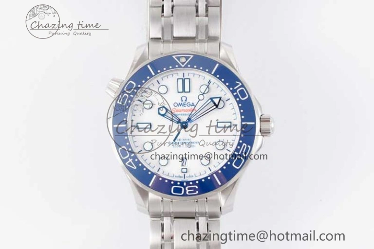 Seamaster Diver 300M SS Blue Ceramic Bezel JVSF 1:1 Best Edition White Dial on SS Bracelet A2824