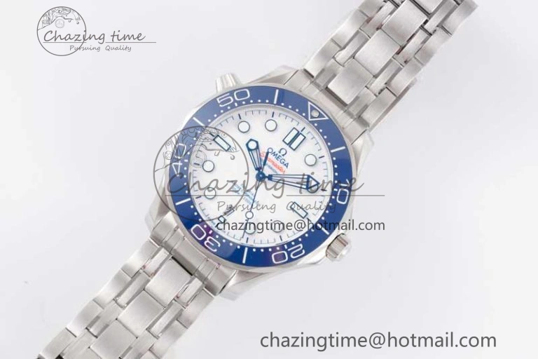 Seamaster Diver 300M SS Blue Ceramic Bezel JVSF 1:1 Best Edition White Dial on SS Bracelet A2824