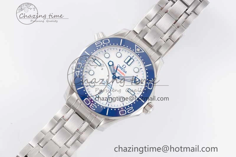 Seamaster Diver 300M SS Blue Ceramic Bezel JVSF 1:1 Best Edition White Dial on SS Bracelet A2824
