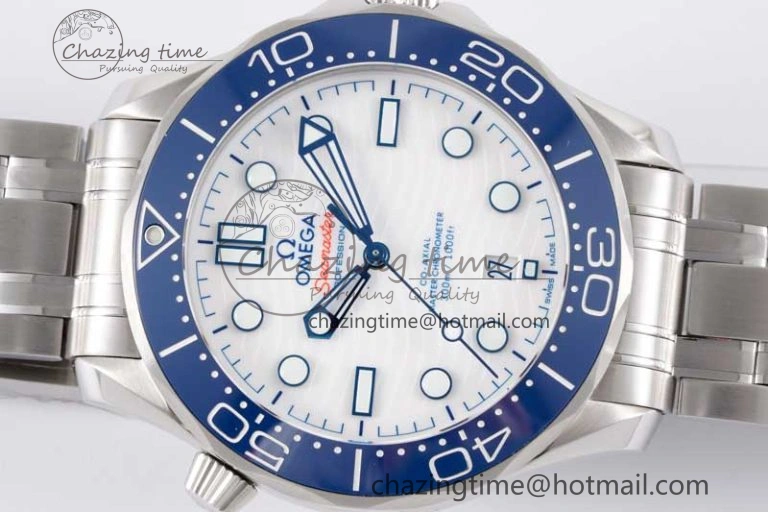 Seamaster Diver 300M SS Blue Ceramic Bezel JVSF 1:1 Best Edition White Dial on SS Bracelet A2824