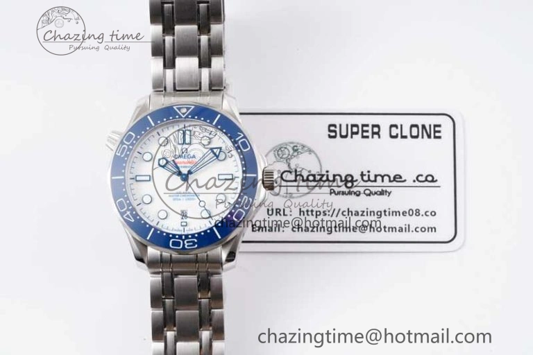 Seamaster Diver 300M SS Blue Ceramic Bezel JVSF 1:1 Best Edition White Dial on SS Bracelet A2824