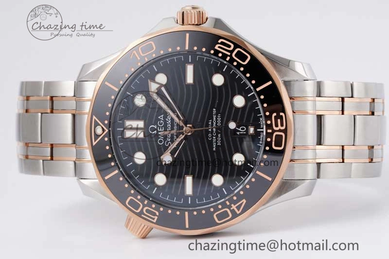 Seamaster Diver 300M SS RG Black Ceramic Bezel JVSF 1:1 Best Edition Black Dial on SS RG Bracelet A2824