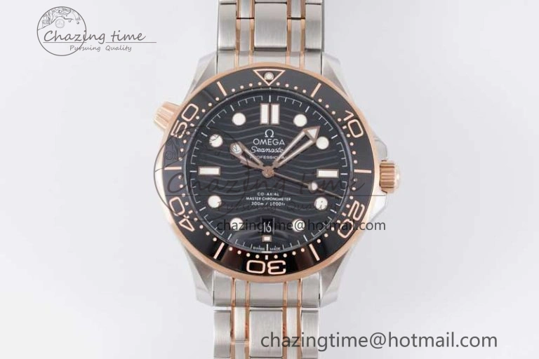 Seamaster Diver 300M SS RG Black Ceramic Bezel JVSF 1:1 Best Edition Black Dial on SS RG Bracelet A2824