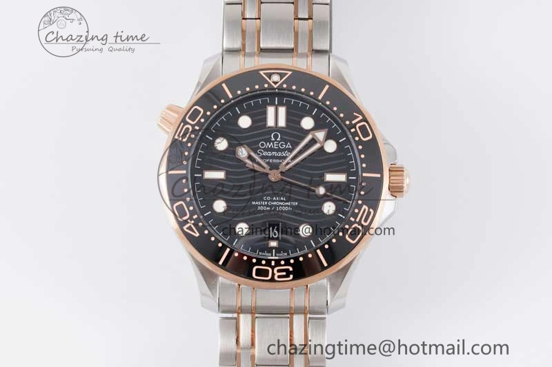 Seamaster Diver 300M SS RG Black Ceramic Bezel JVSF 1:1 Best Edition Black Dial on SS RG Bracelet A2824