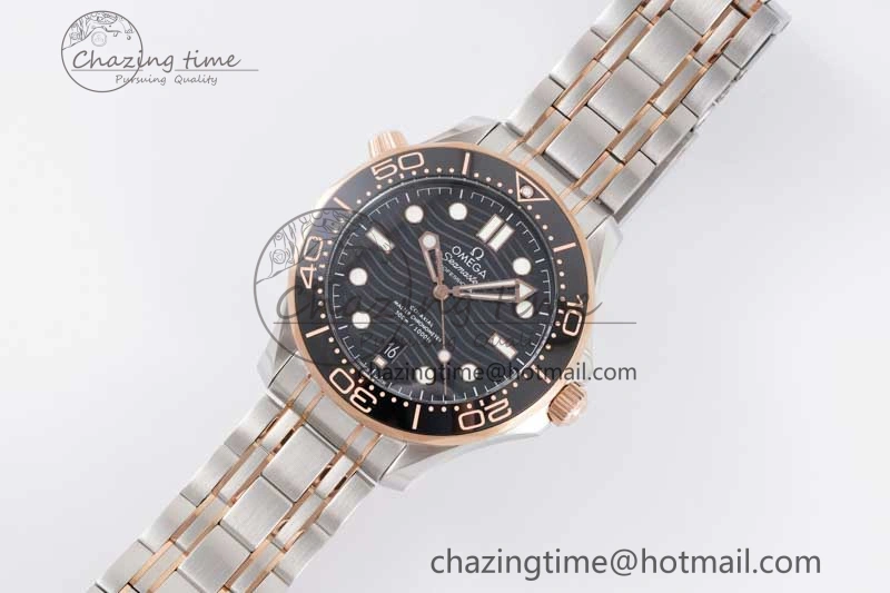 Seamaster Diver 300M SS RG Black Ceramic Bezel JVSF 1:1 Best Edition Black Dial on SS RG Bracelet A2824