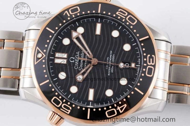 Seamaster Diver 300M SS RG Black Ceramic Bezel JVSF 1:1 Best Edition Black Dial on SS RG Bracelet A2824