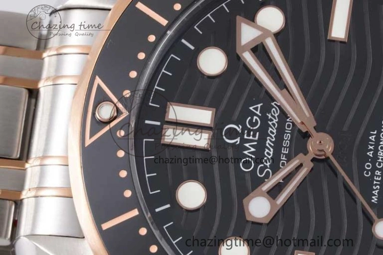 Seamaster Diver 300M SS RG Black Ceramic Bezel JVSF 1:1 Best Edition Black Dial on SS RG Bracelet A2824