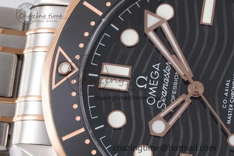 Seamaster Diver 300M SS RG Black Ceramic Bezel JVSF 1:1 Best Edition Black Dial on SS RG Bracelet A2824