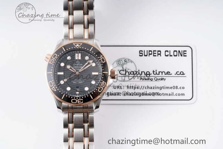 Seamaster Diver 300M SS RG Black Ceramic Bezel JVSF 1:1 Best Edition Black Dial on SS RG Bracelet A2824