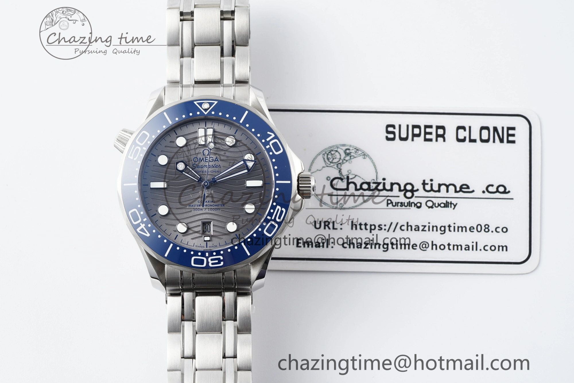 Seamaster Diver 300M ZF 1:1 Best Edition Blue Ceramic Gray Dial on SS Bracelet A8800