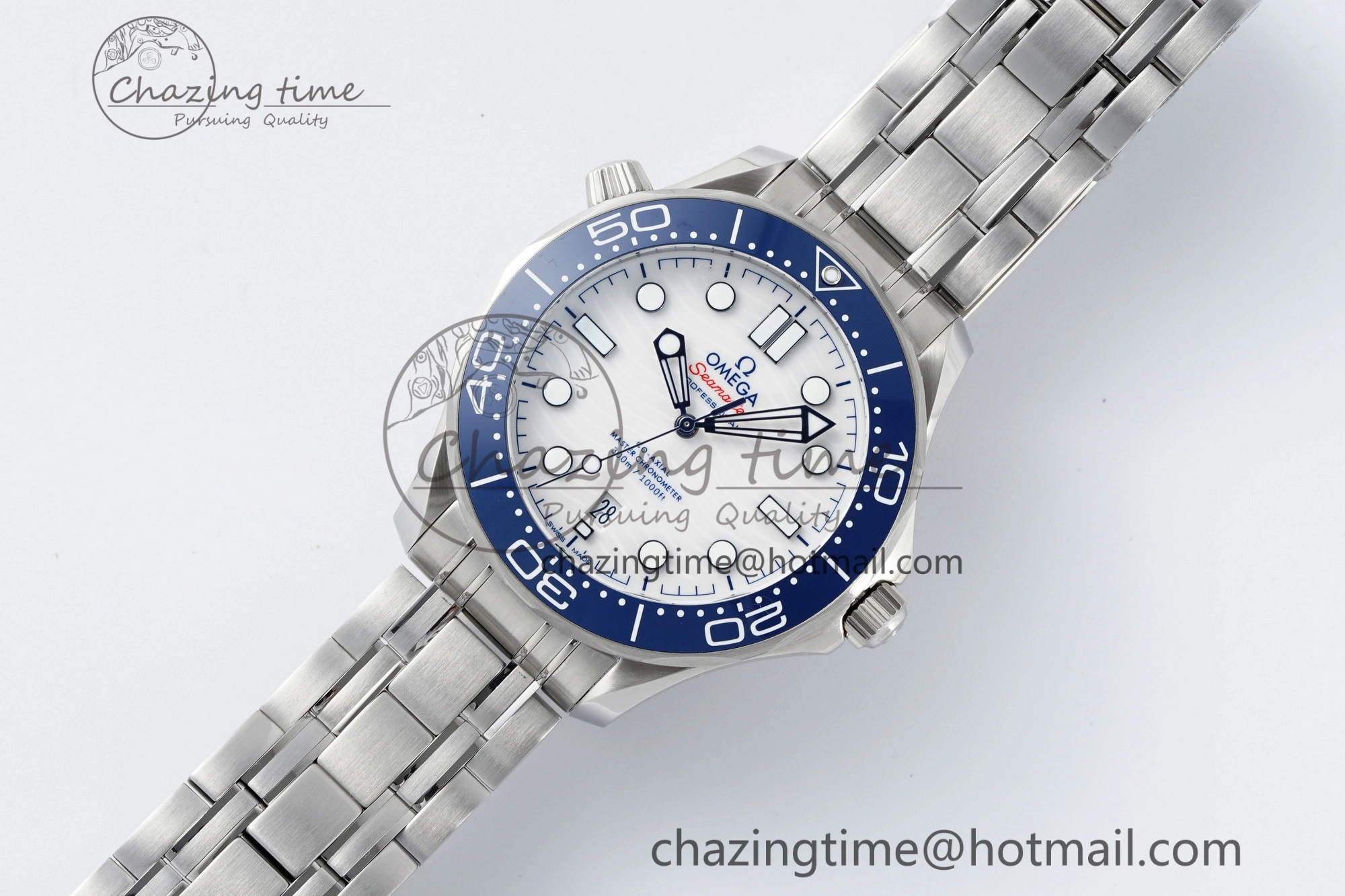 Seamaster Diver 300M ZF 1:1 Best Edition Blue Ceramic White Dial on SS Bracelet A8800