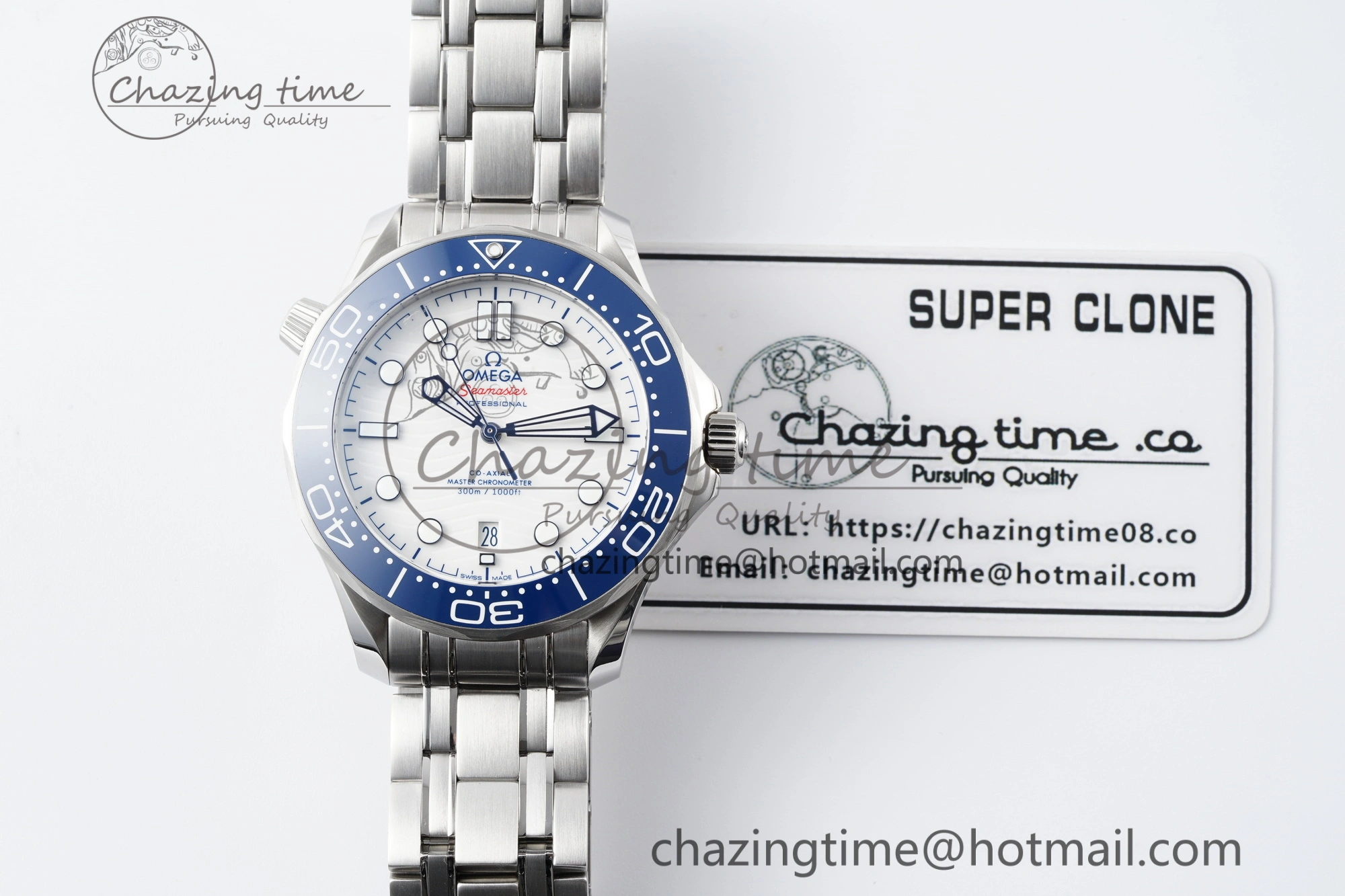 Seamaster Diver 300M ZF 1:1 Best Edition Blue Ceramic White Dial on SS Bracelet A8800