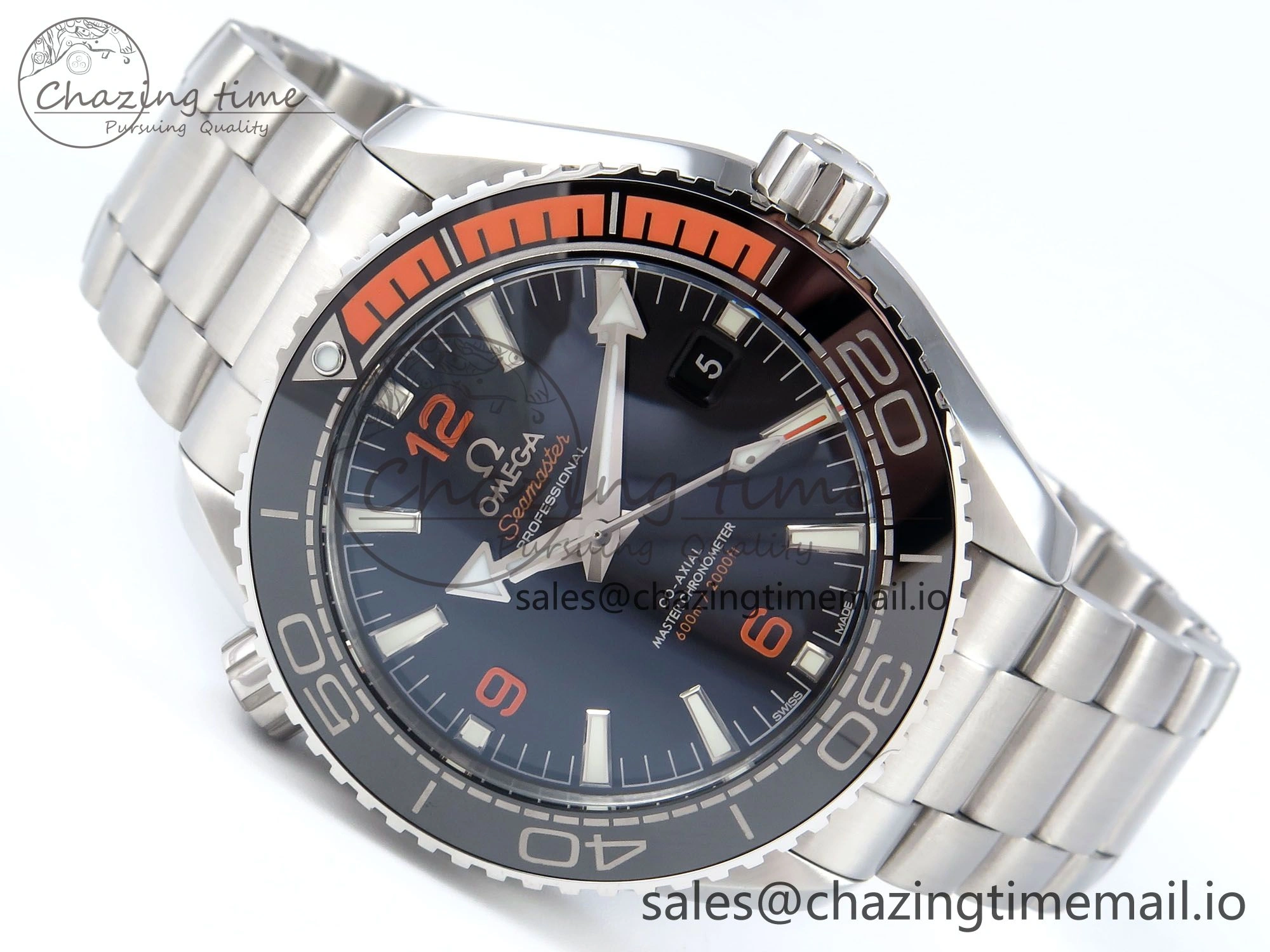 Seamaster Planet Ocean 600M 43.5mm SS SCF 1:1 Best Edition Black Orange Bezel Black Dial on SS Bracelet A8900 Super Clone