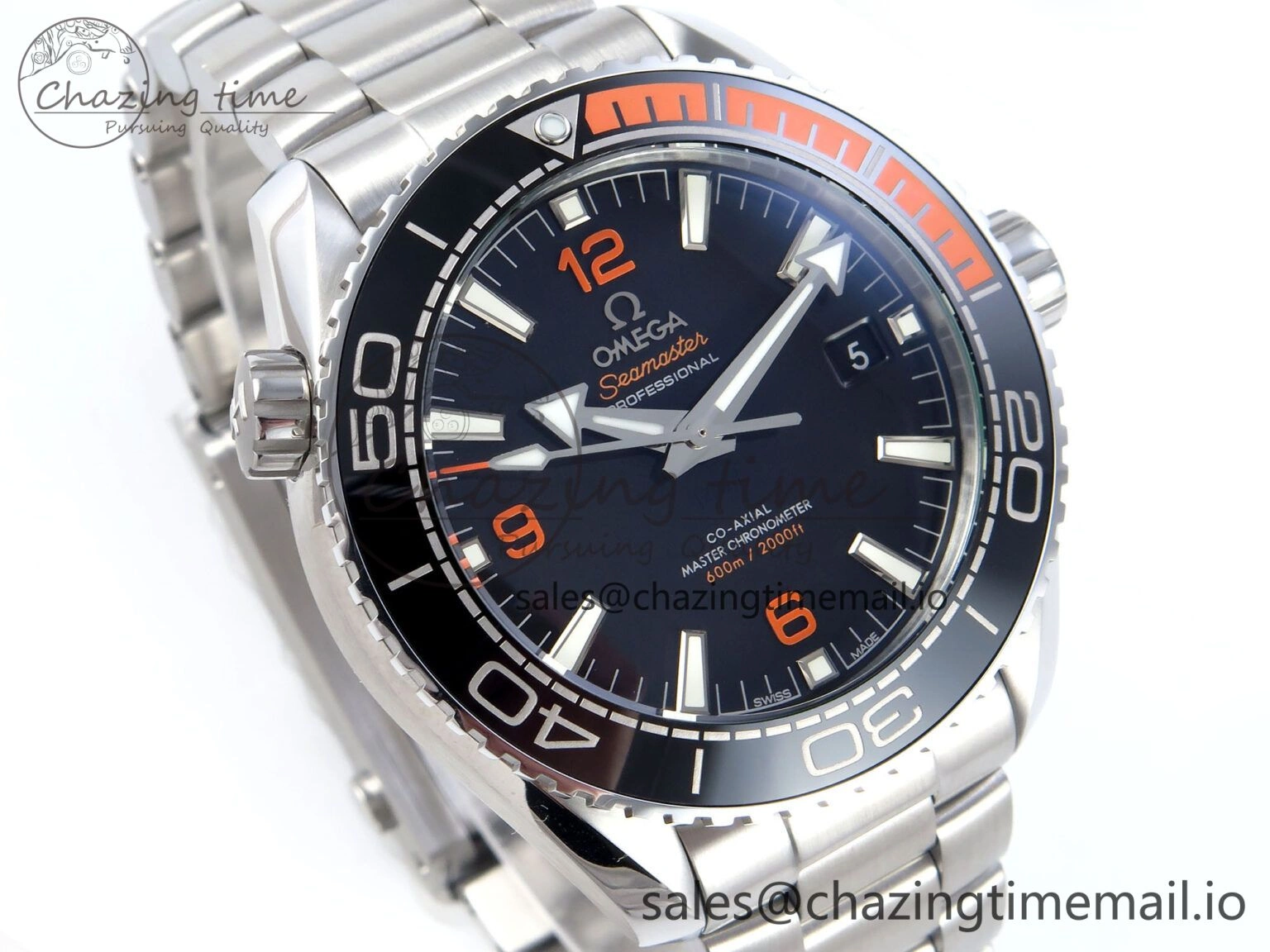 Seamaster Planet Ocean 600M 43.5mm SS SCF 1:1 Best Edition Black Orange Bezel Black Dial on SS Bracelet A8900 Super Clone