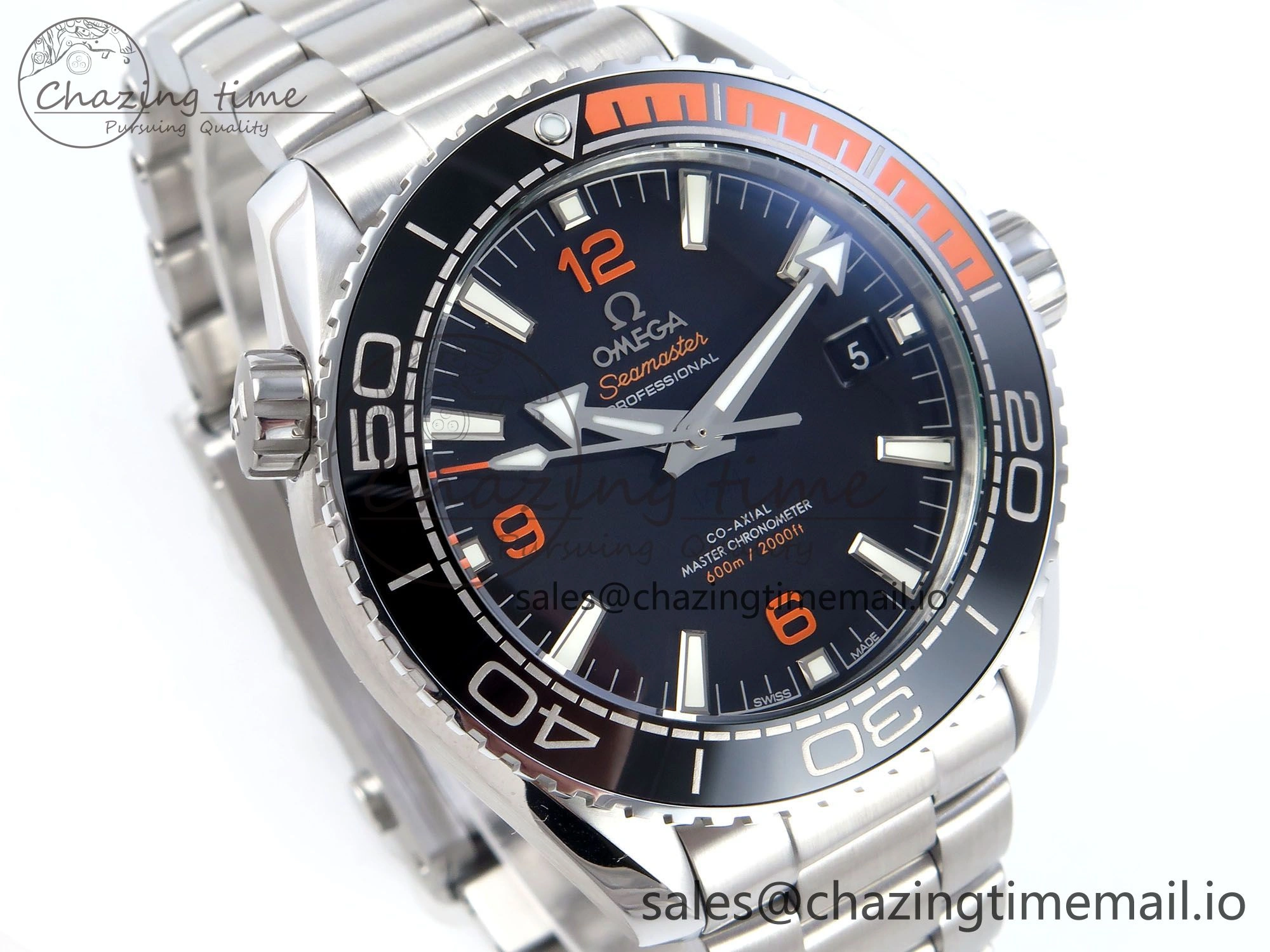 Seamaster Planet Ocean 600M 43.5mm SS SCF 1:1 Best Edition Black Orange Bezel Black Dial on SS Bracelet A8900 Super Clone
