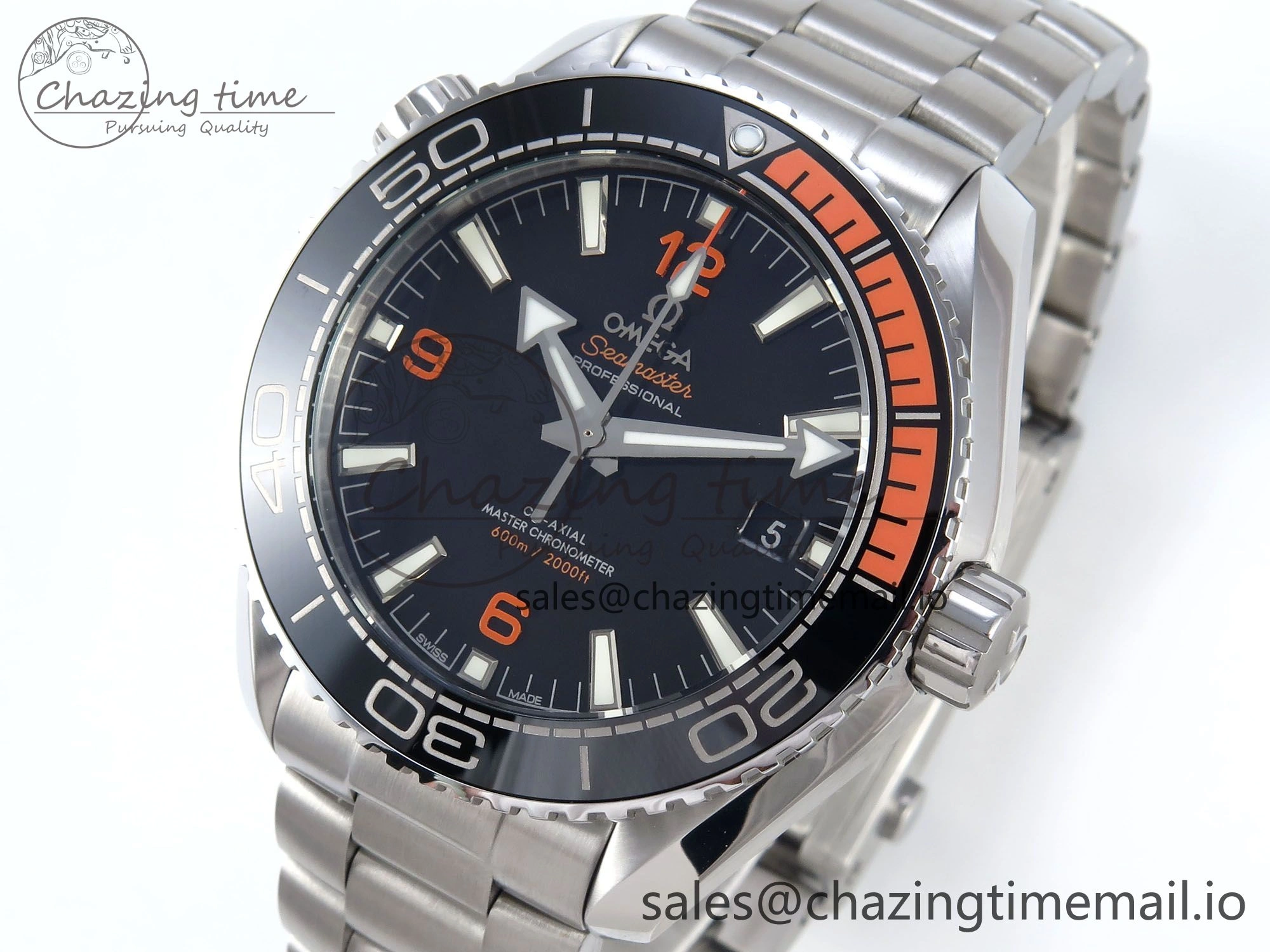 Seamaster Planet Ocean 600M 43.5mm SS SCF 1:1 Best Edition Black Orange Bezel Black Dial on SS Bracelet A8900 Super Clone