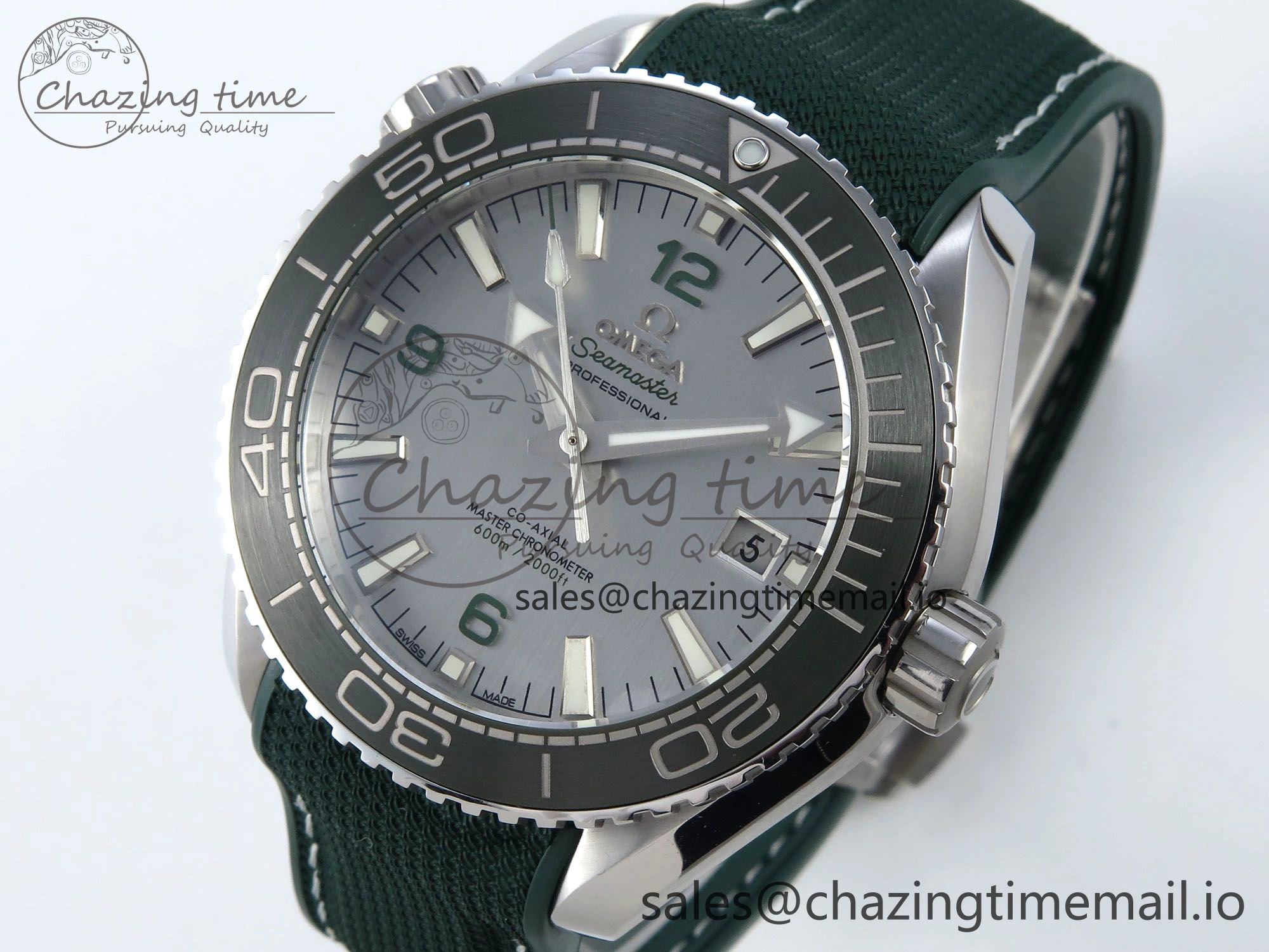 Seamaster Planet Ocean 600M 43.5mm SS SCF 1:1 Best Edition Green Bezel Gray Dial on Green Rubber Strap A8900 Super Clone