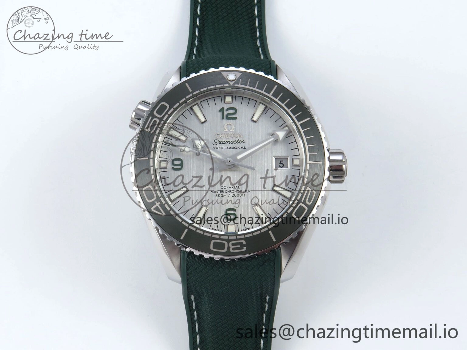 Seamaster Planet Ocean 600M 43.5mm SS SCF 1:1 Best Edition Green Bezel Gray Dial on Green Rubber Strap A8900 Super Clone