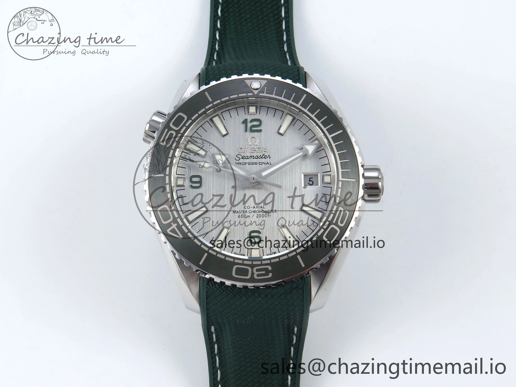 Seamaster Planet Ocean 600M 43.5mm SS SCF 1:1 Best Edition Green Bezel Gray Dial on Green Rubber Strap A8900 Super Clone