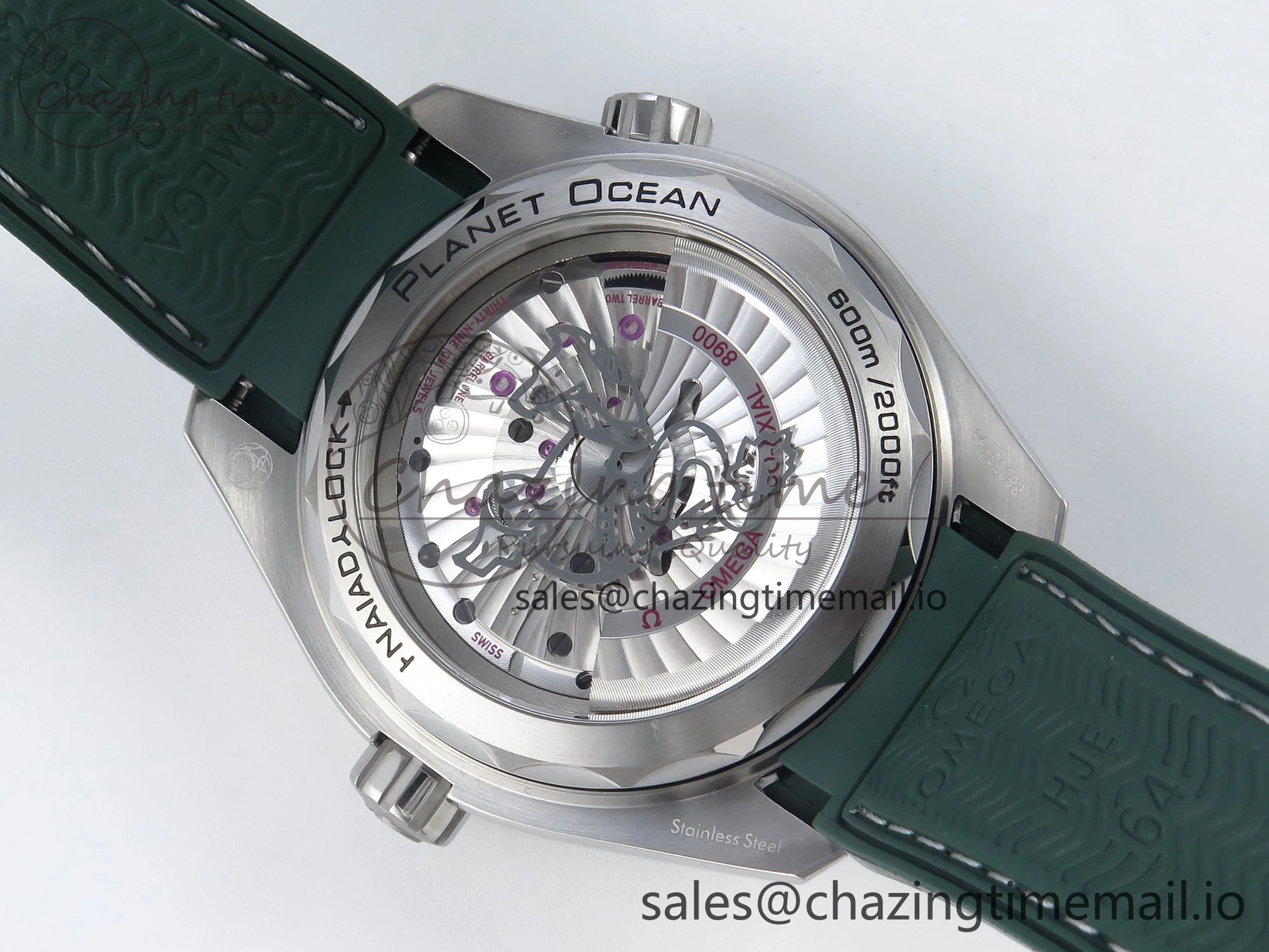 Seamaster Planet Ocean 600M 43.5mm SS SCF 1:1 Best Edition Green Bezel Gray Dial on Green Rubber Strap A8900 Super Clone