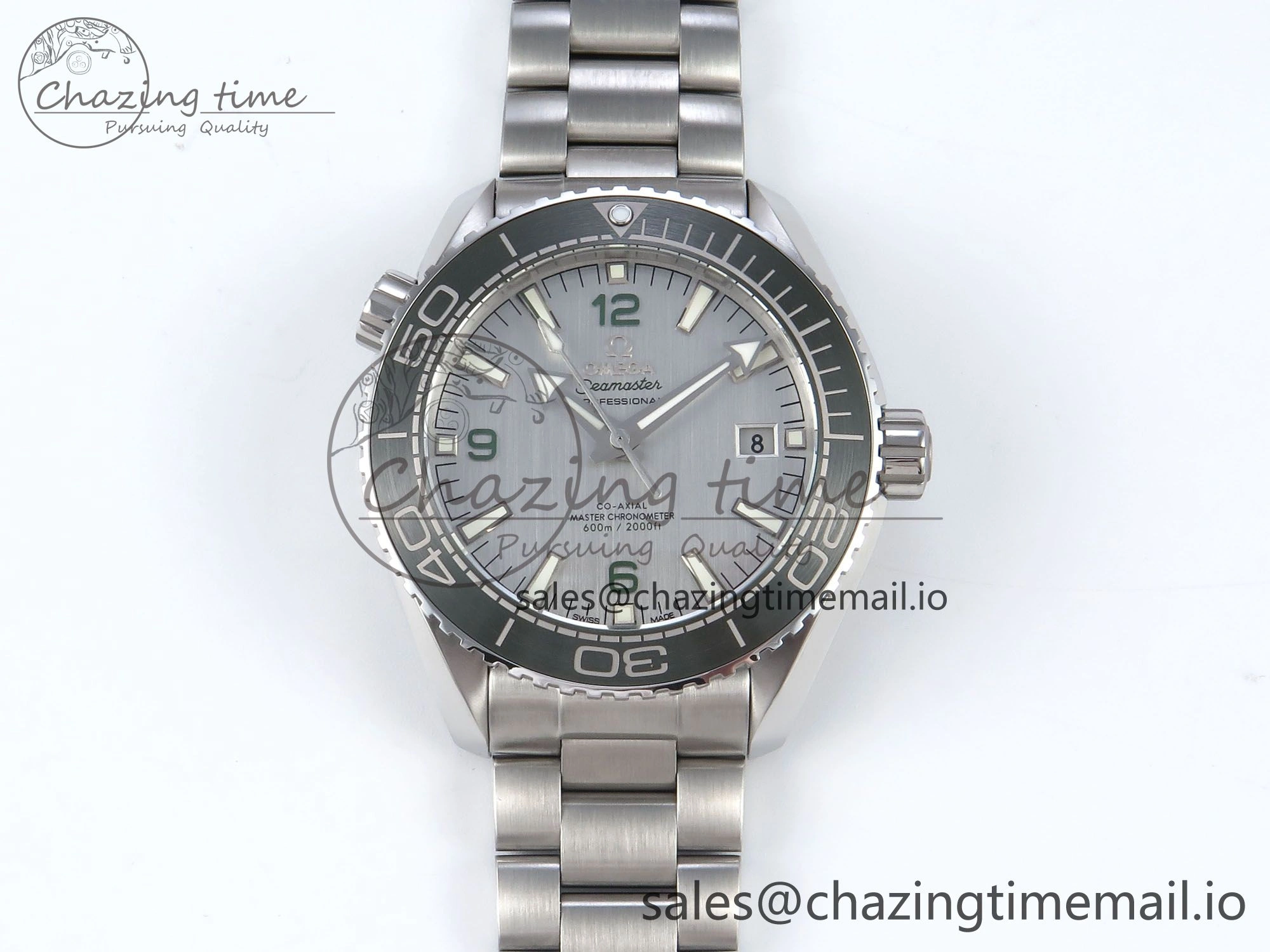 Seamaster Planet Ocean 600M 43.5mm SS SCF 1:1 Best Edition Green Bezel Gray Dial on SS Bracelet A8900 Super Clone
