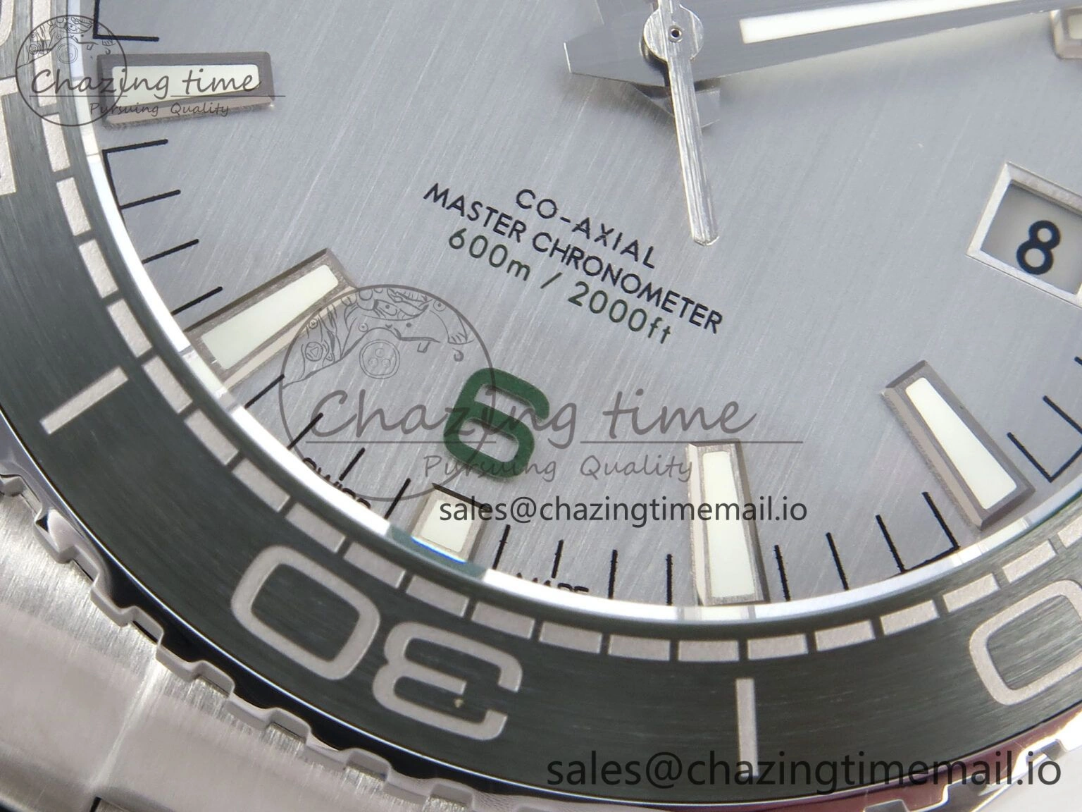 Seamaster Planet Ocean 600M 43.5mm SS SCF 1:1 Best Edition Green Bezel Gray Dial on SS Bracelet A8900 Super Clone