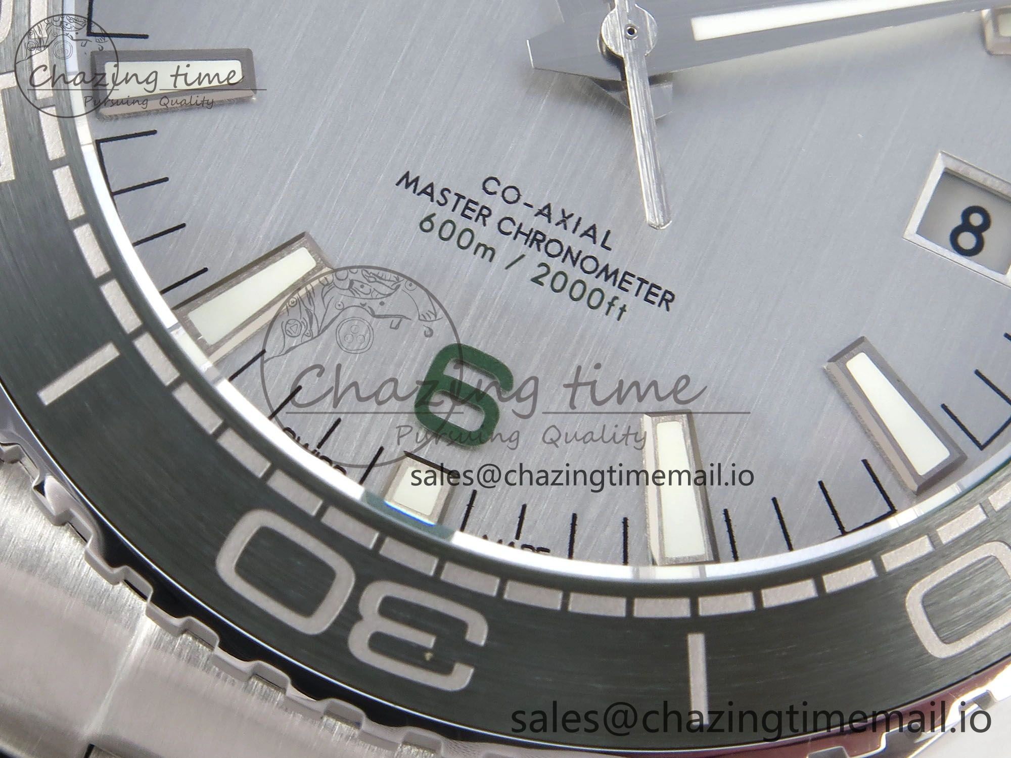 Seamaster Planet Ocean 600M 43.5mm SS SCF 1:1 Best Edition Green Bezel Gray Dial on SS Bracelet A8900 Super Clone