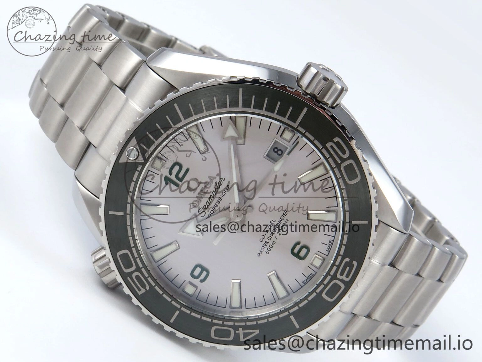 Seamaster Planet Ocean 600M 43.5mm SS SCF 1:1 Best Edition Green Bezel Gray Dial on SS Bracelet A8900 Super Clone