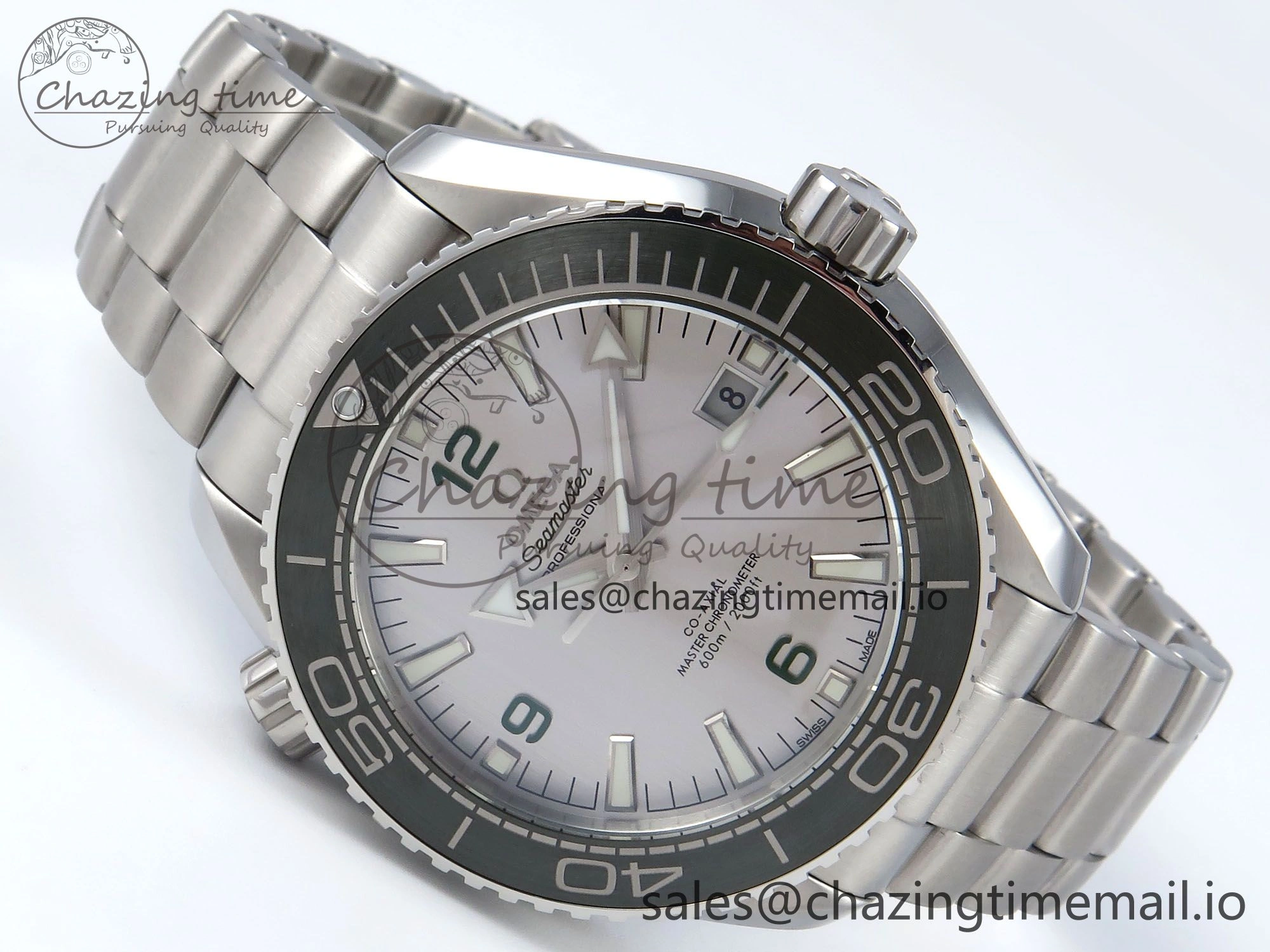Seamaster Planet Ocean 600M 43.5mm SS SCF 1:1 Best Edition Green Bezel Gray Dial on SS Bracelet A8900 Super Clone