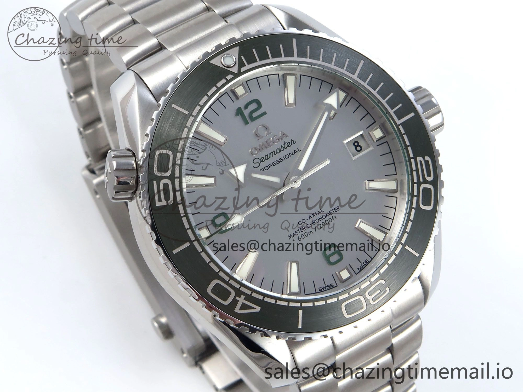 Seamaster Planet Ocean 600M 43.5mm SS SCF 1:1 Best Edition Green Bezel Gray Dial on SS Bracelet A8900 Super Clone