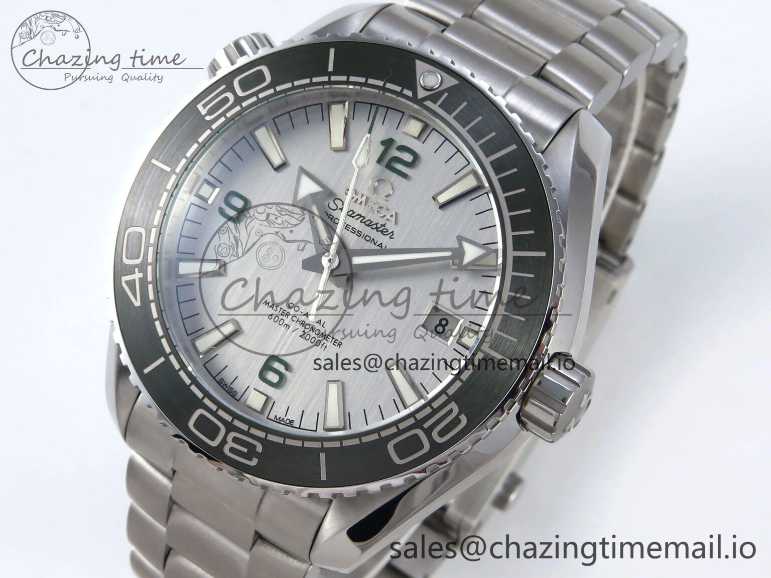 Seamaster Planet Ocean 600M 43.5mm SS SCF 1:1 Best Edition Green Bezel Gray Dial on SS Bracelet A8900 Super Clone