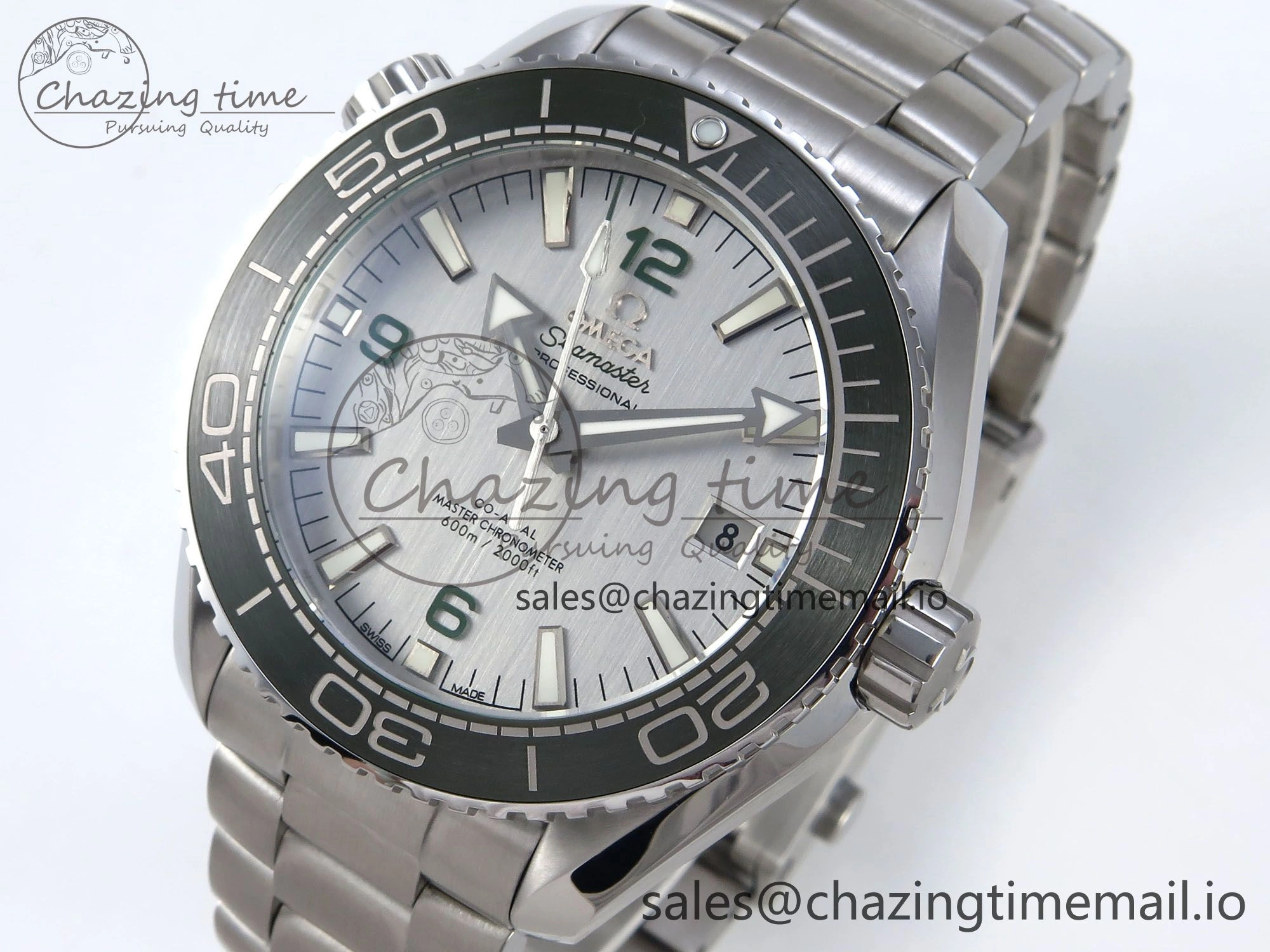 Seamaster Planet Ocean 600M 43.5mm SS SCF 1:1 Best Edition Green Bezel Gray Dial on SS Bracelet A8900 Super Clone