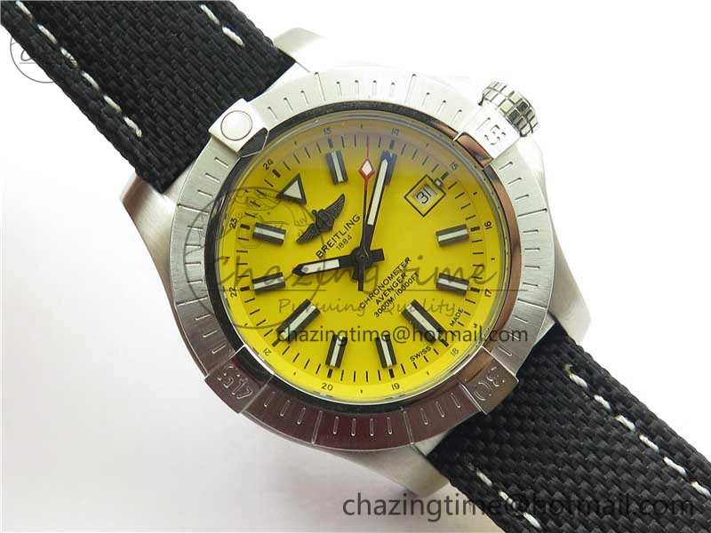 Seawolf 45mm SS B50 1:1 BestEdition SuperLumed Yellow Dial Black Sticks Markers on Black Nylon Strap A2824(SuperThick Crystal)