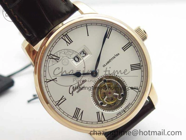 Senator Meissen Tourbillon Double Date RG White Dial On Brown Leather Strap