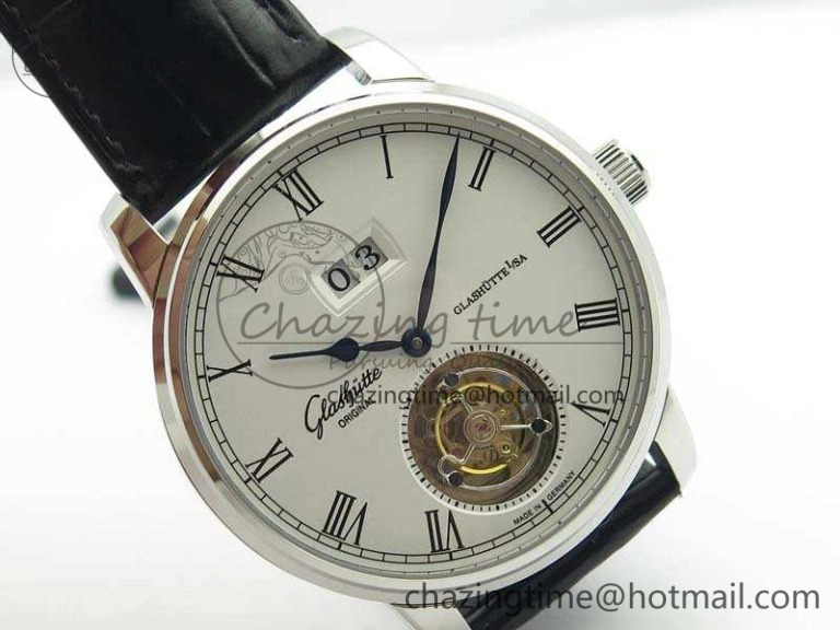 Senator Meissen Tourbillon Double Date SS White Dial On Black Leather Strap