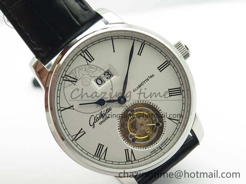 Senator Meissen Tourbillon Double Date SS White Dial On Black Leather Strap