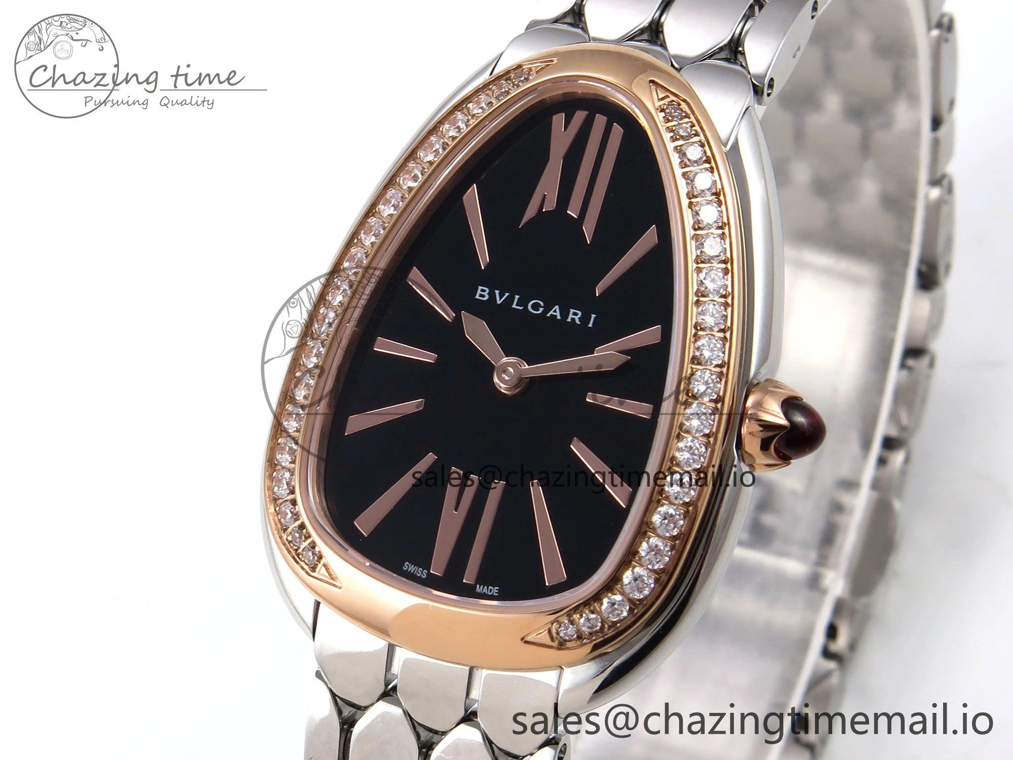 Serpenti Seduttori Watch RG BVF 1:1 Best Edition Black Dial Diamonds Bezel on SS Bracelet Swiss Quartz