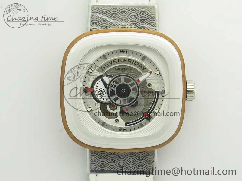 Seven Friday P1B 03 Japan Limited Edition SVF 1:1 Best Edition on White Leather Strap Miyota 82S7 ( Free Extra Strap )