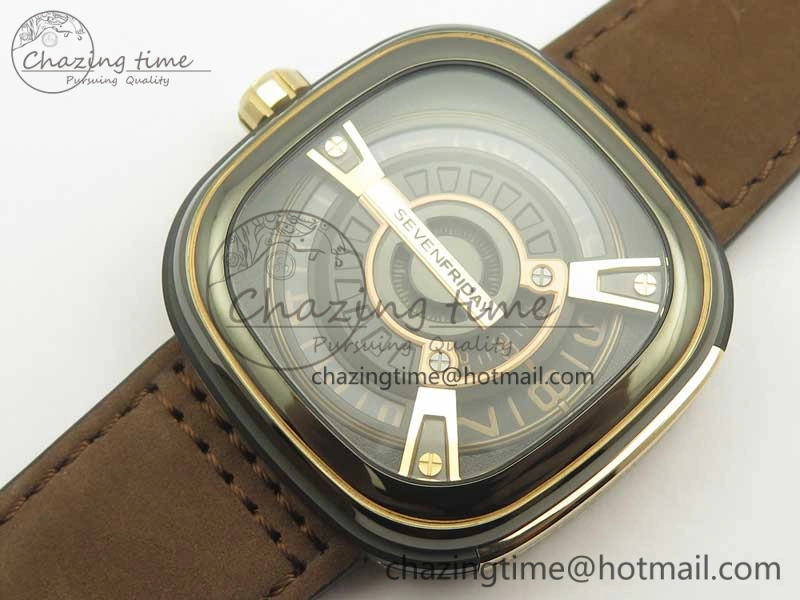 SevenFriday M2-02 SVF 1:1 Best Edition Black Dial On Brown Leather Strap Miyota 8215 (Free Rubber Strap