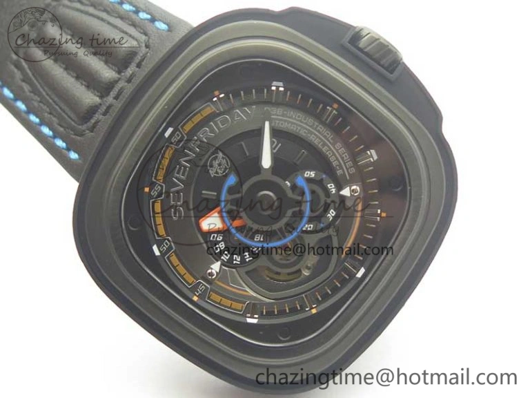 SevenFriday PVD P3B 01 SVF 1:1 Best Edition on Black Blue Leather Strap Miyota 82S7(Free Rubber Strap)