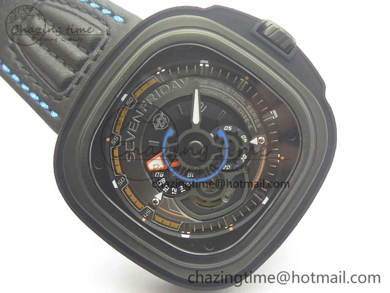 SevenFriday PVD P3B 01 SVF 1:1 Best Edition on Black Blue Leather Strap Miyota 82S7(Free Rubber Strap)